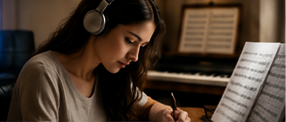 Estudante de música com fones de ouvido
