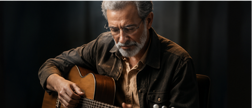 Músico aposentado tocando violão